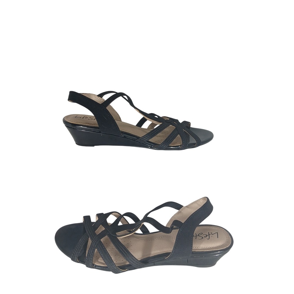 LifeStride Yaya Wedge Sandals 7M Black Strappy Comfort Professional Classic
